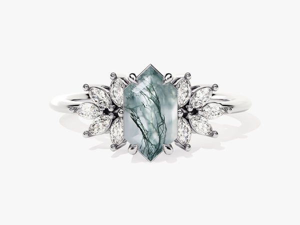 Hexagonal moss agate ring with diamond halo, fine jewelry
