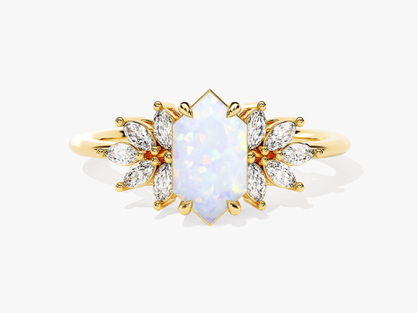 Long Hexagon Opal Engagement Ring with Moissanite Sidestones