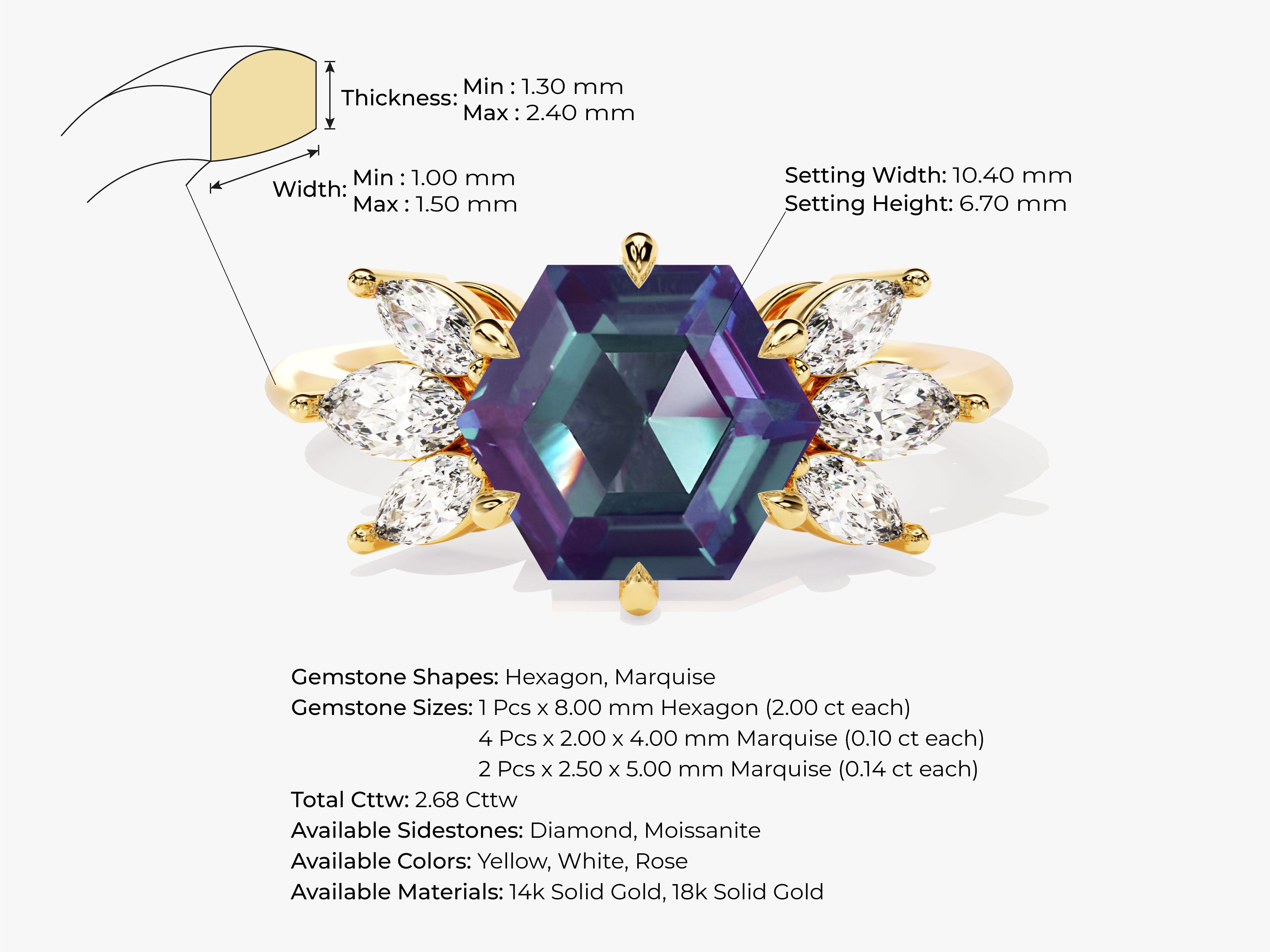 Hexagon alexandrite ring with marquise diamonds, gold jewelry
