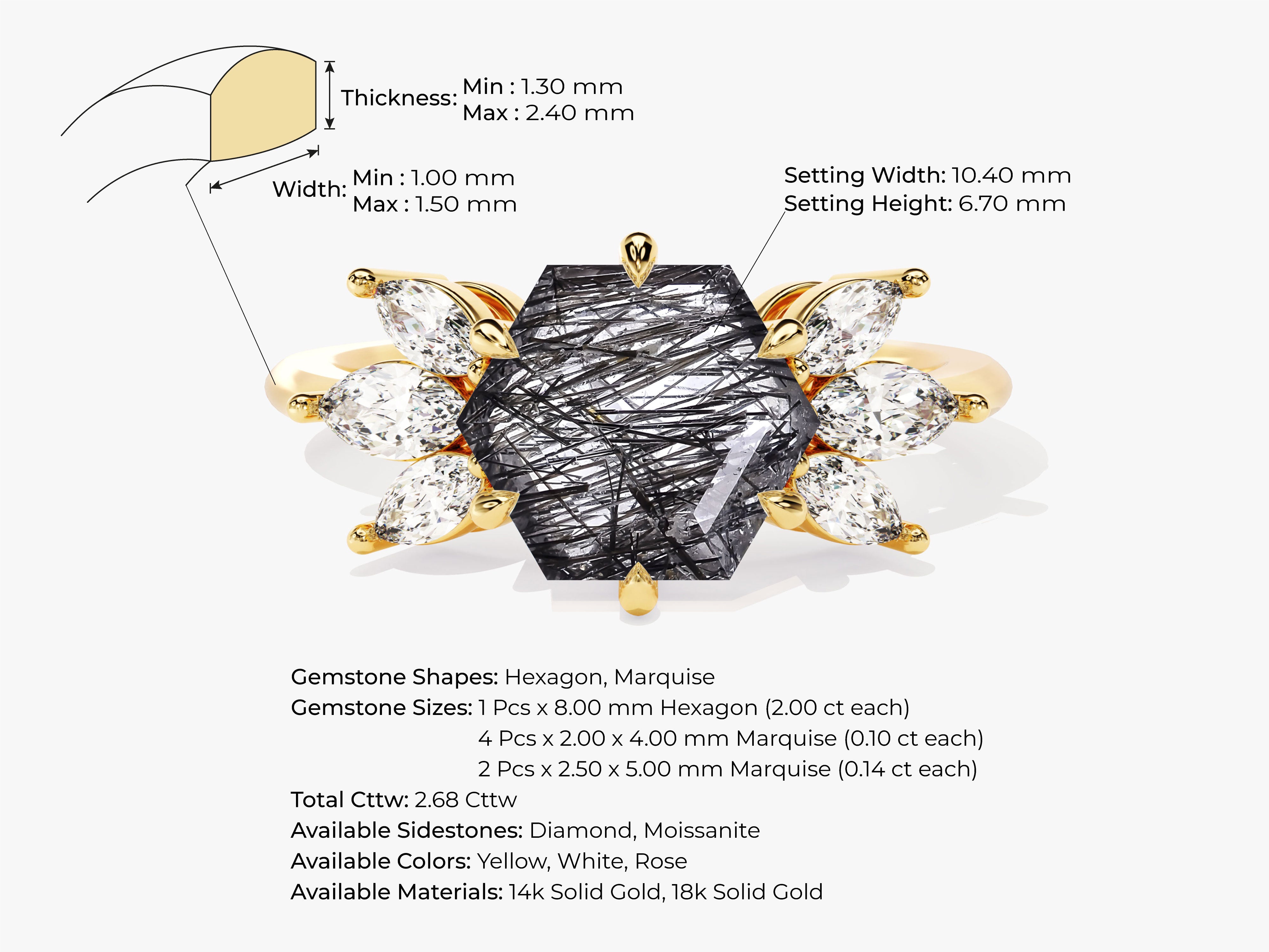 Hexagon gemstone ring with marquise diamonds, gold jewelry