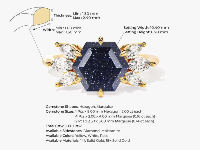 Hexagon Blue Sandstone Engagement Ring with Moissanite Sidestones