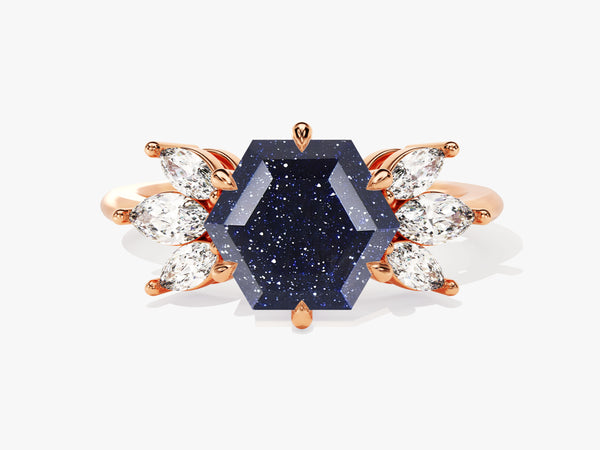 Hexagonal blue sandstone ring with diamond accents, rose gold jewelry
