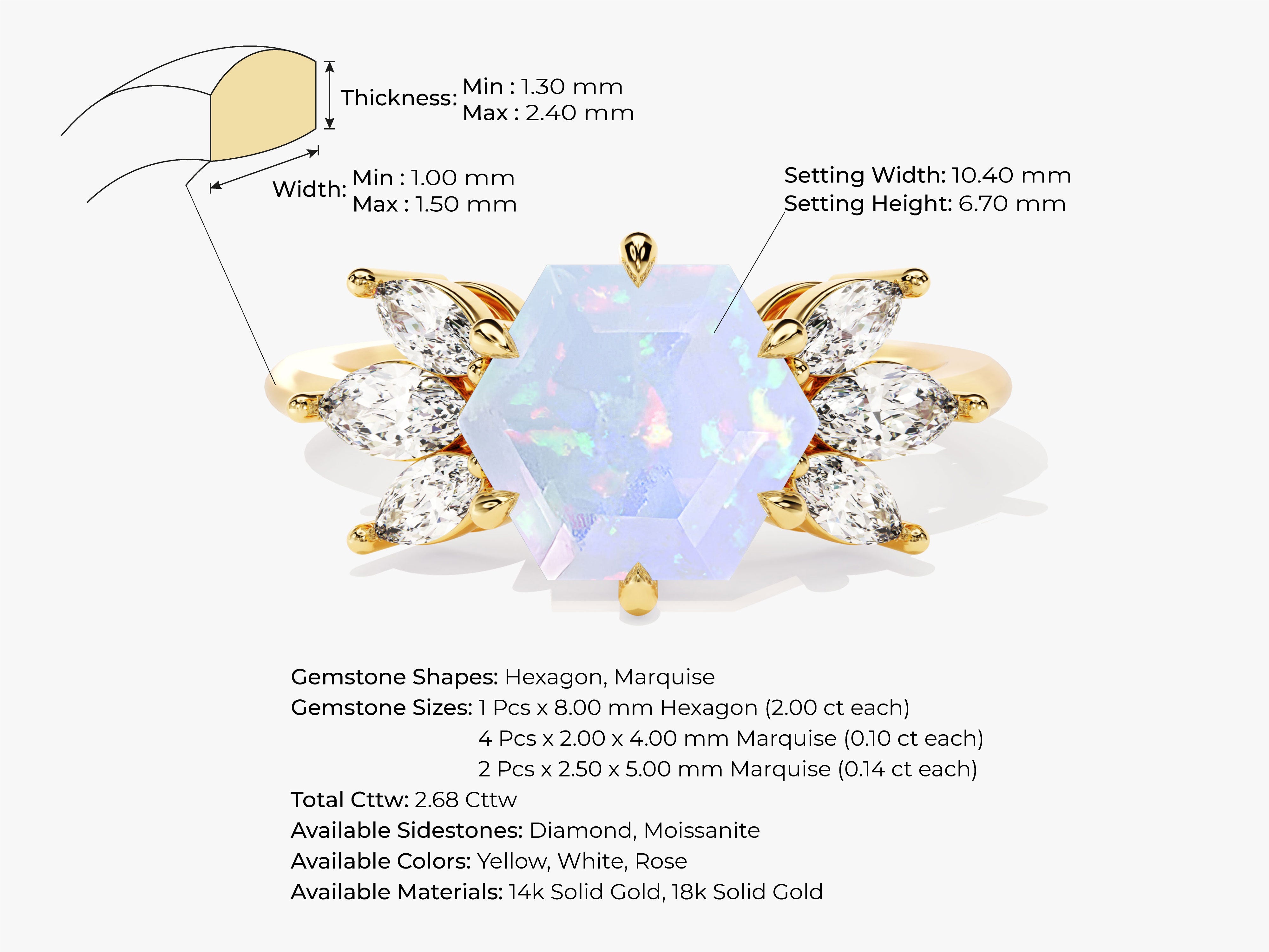 Gold ring with hexagon opal and marquise diamonds