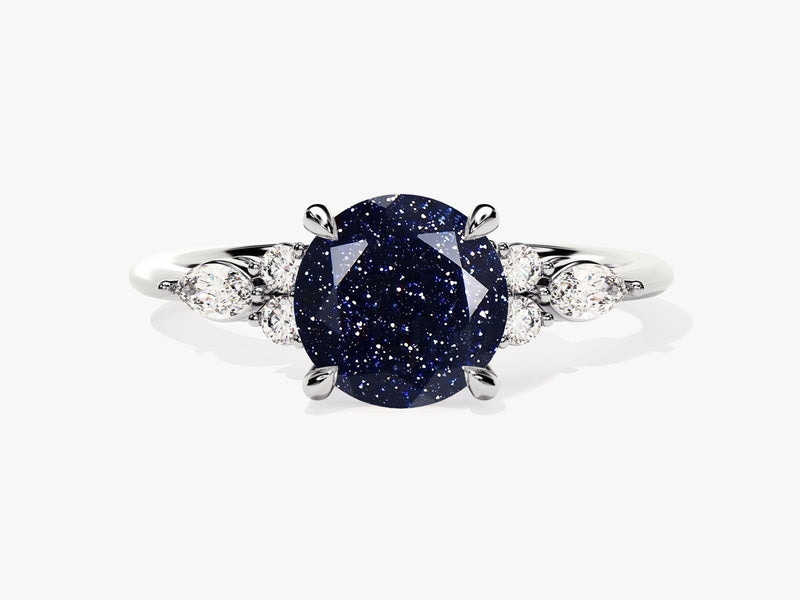 Round Blue Sandstone Engagement Ring with Moissanite Sidestones