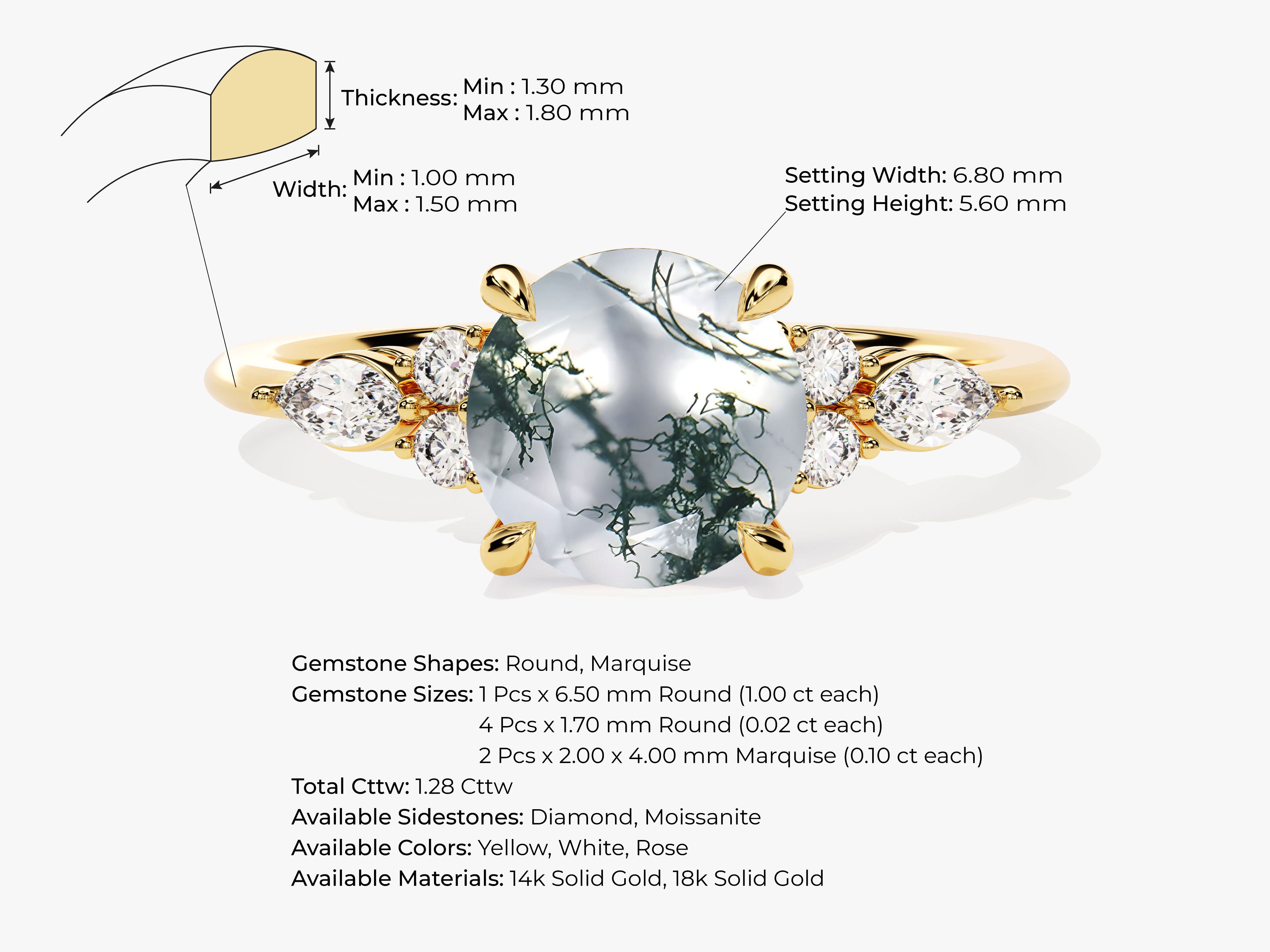 Gold ring with moss agate and diamond accents