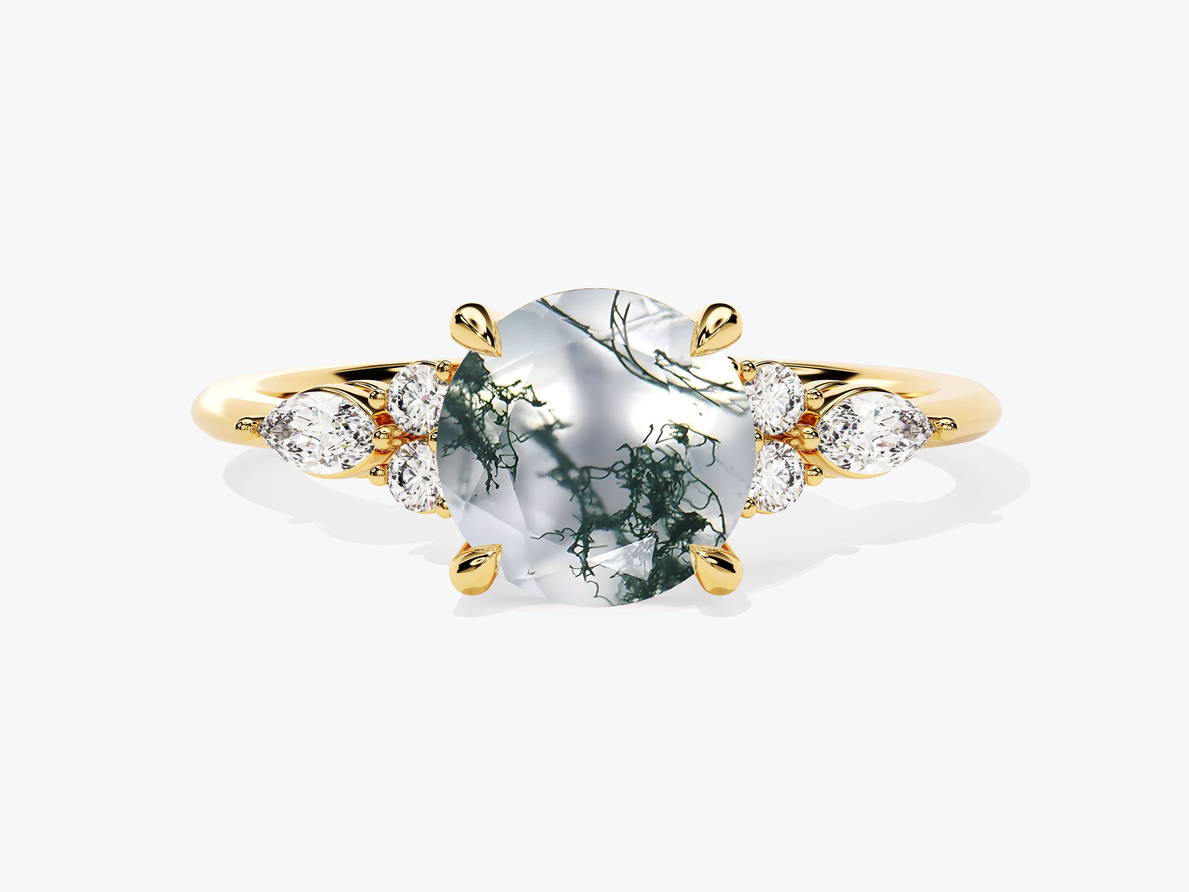 Gold ring with oval moss agate and diamonds