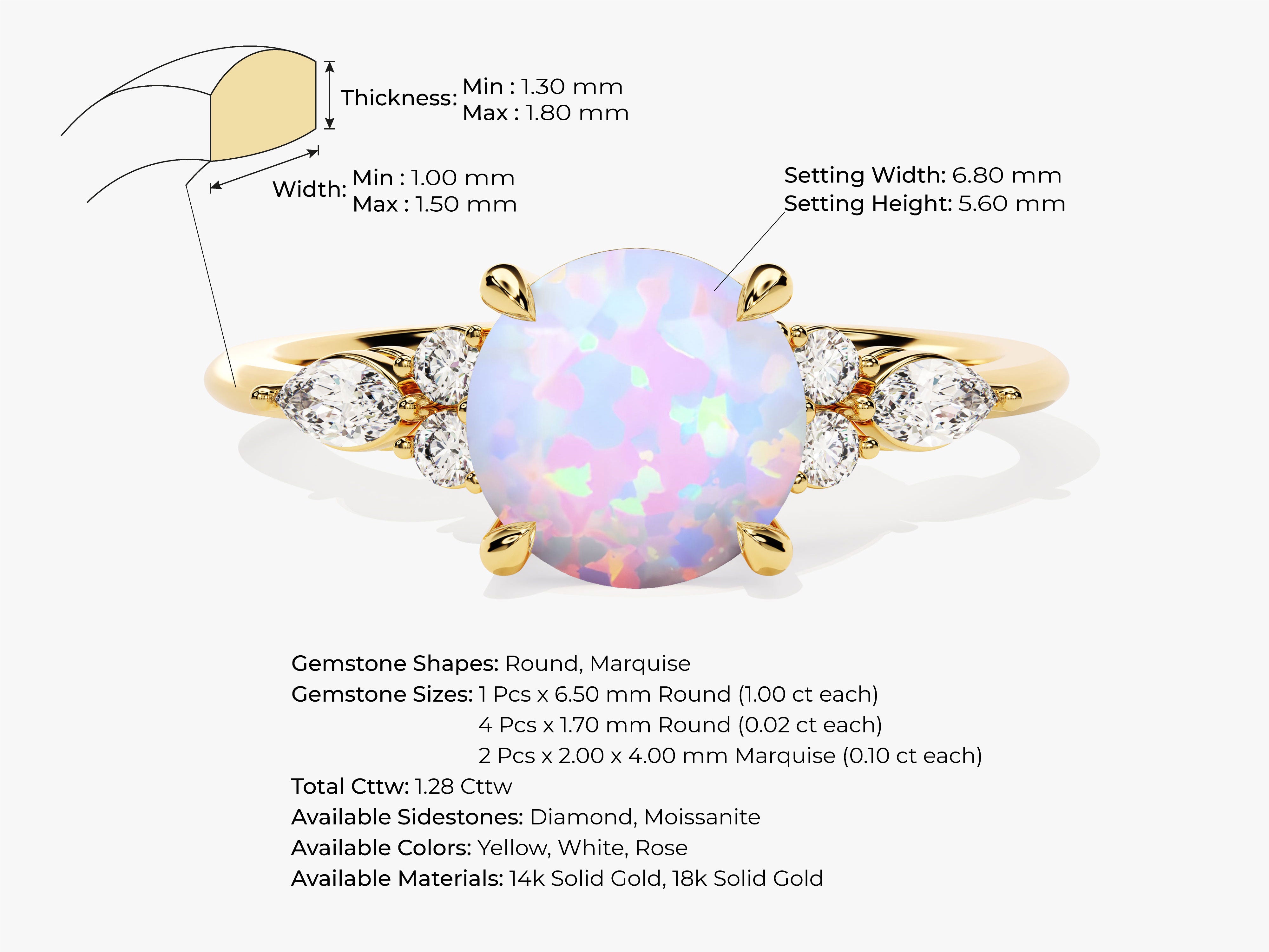 Gold opal ring with diamonds, gemstone details and dimensions