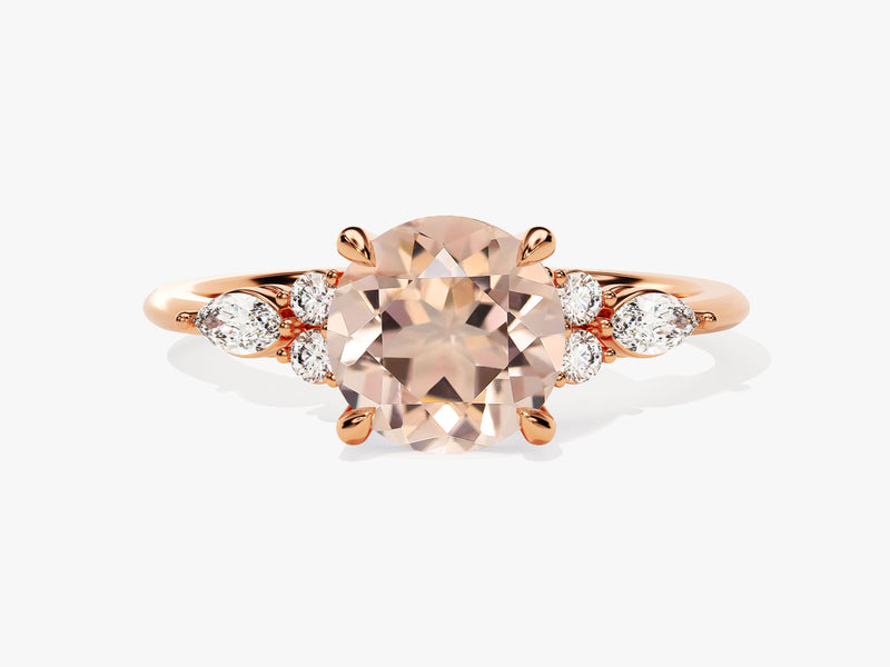 Round Cut Peach Morganite Engagement Ring with Marquise and Round Sidestones