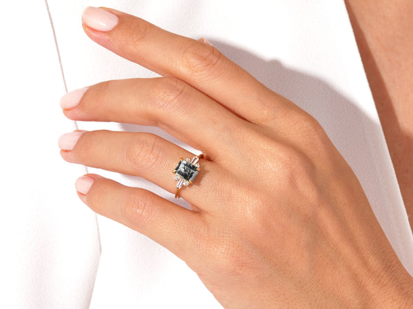 Emerald Cut Black Rutilated Quartz Engagement Ring with Moissanite Sidestones