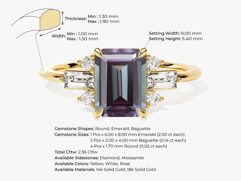 Emerald Cut Lab Alexandrite Engagement Ring with Moissanite Sidestones