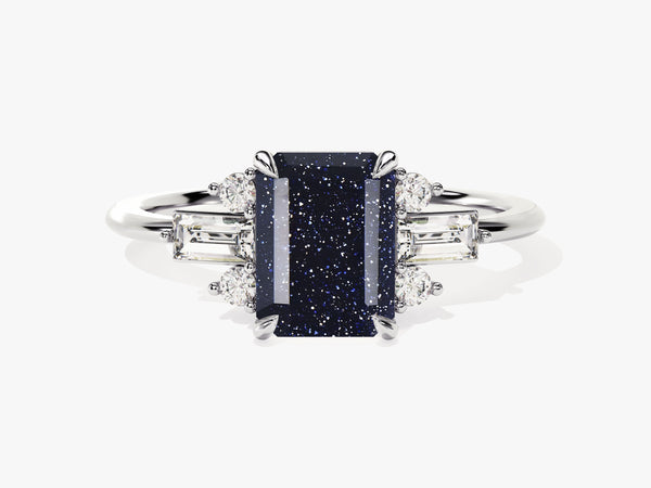 Emerald cut blue sandstone ring with diamond accents