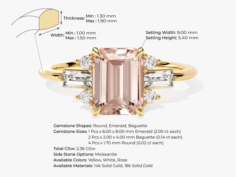 Emerald Cut Peach Morganite Engagement Ring with Baguette and Round Sidestones