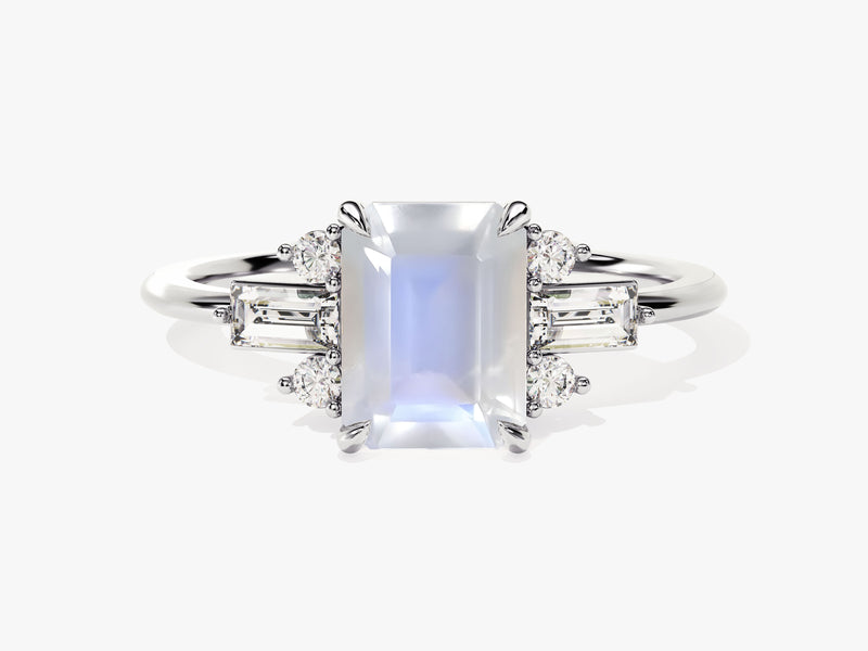 Emerald Cut Moonstone Engagement Ring with Moissanite Sidestones