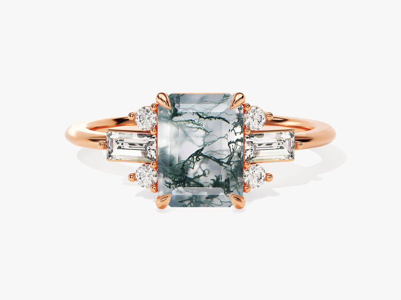 Emerald Cut Moss Agate Engagement Ring with Moissanite Sidestones