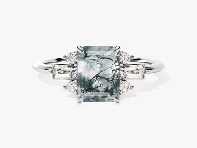 Emerald Cut Moss Agate Engagement Ring with Moissanite Sidestones