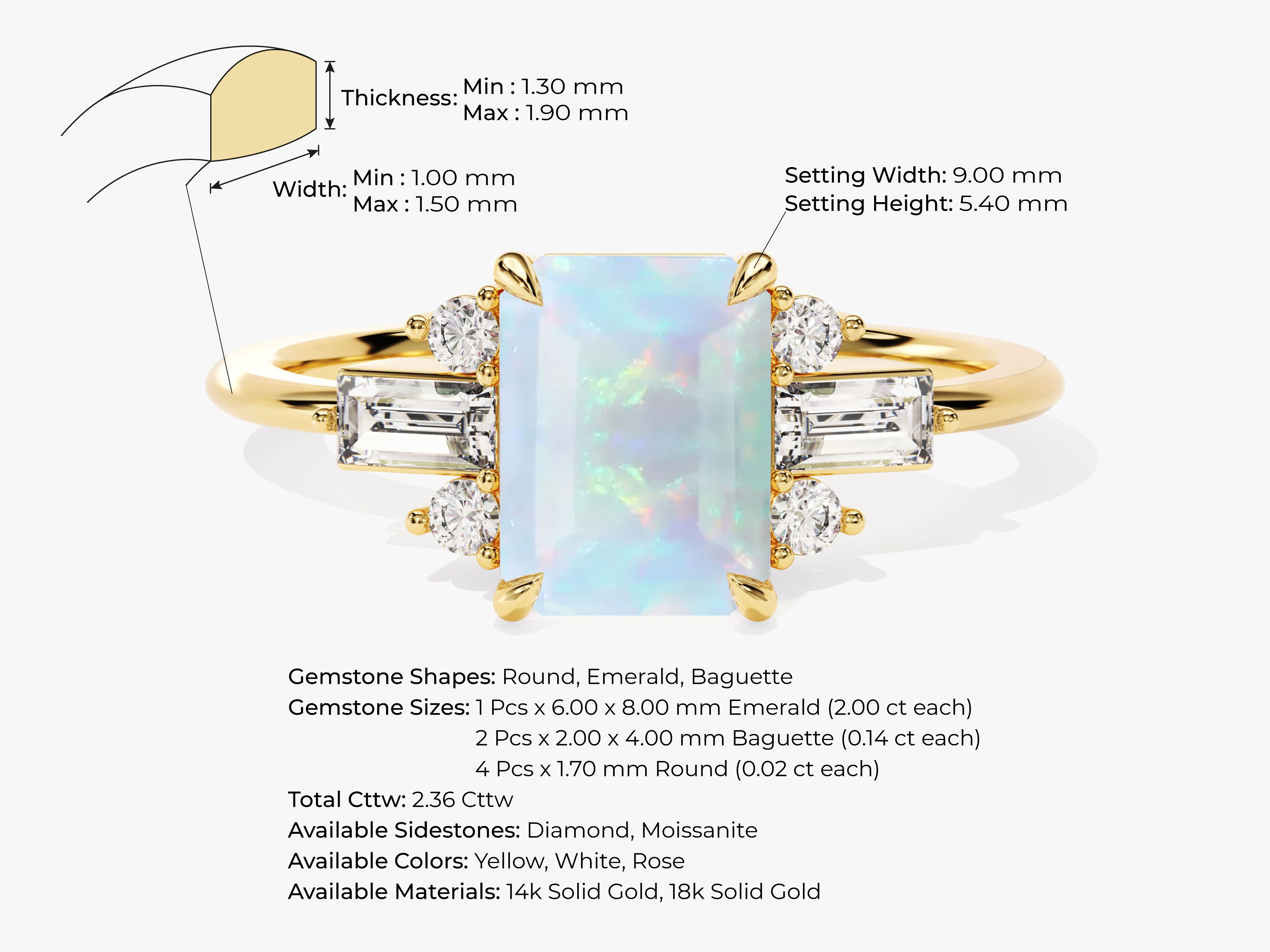 Emerald Cut Opal Engagement Ring with Moissanite Sidestones