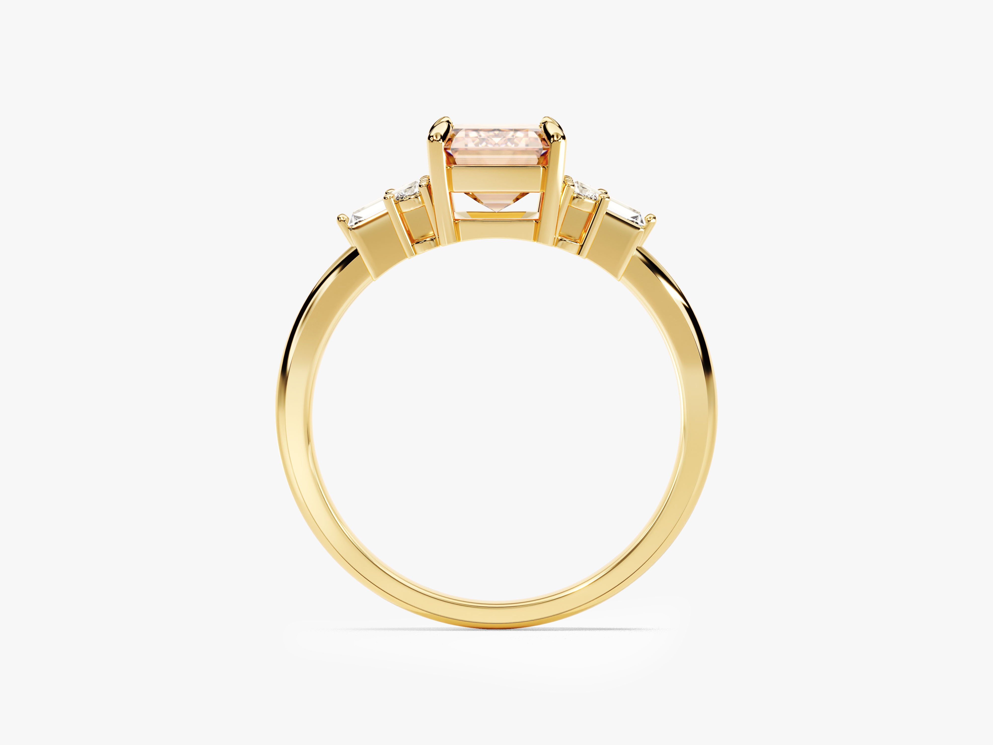 Emerald Cut Peach Morganite Engagement Ring with Baguette and Round Sidestones