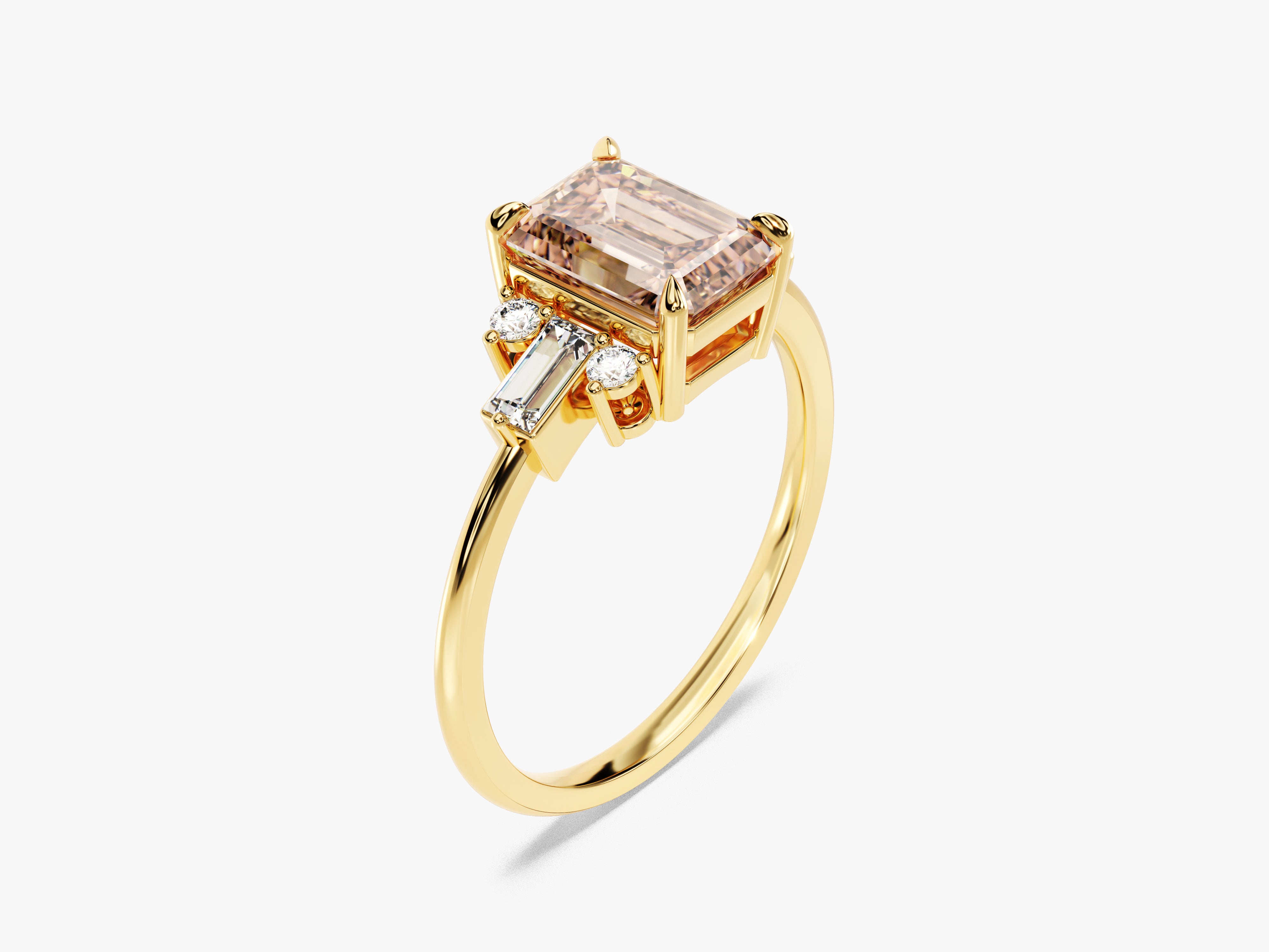 Emerald Cut Peach Morganite Engagement Ring with Baguette and Round Sidestones