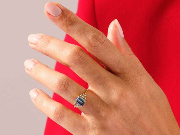 Emerald Cut Lab Alexandrite Engagement Ring with Baguette Moissanite Sidestones