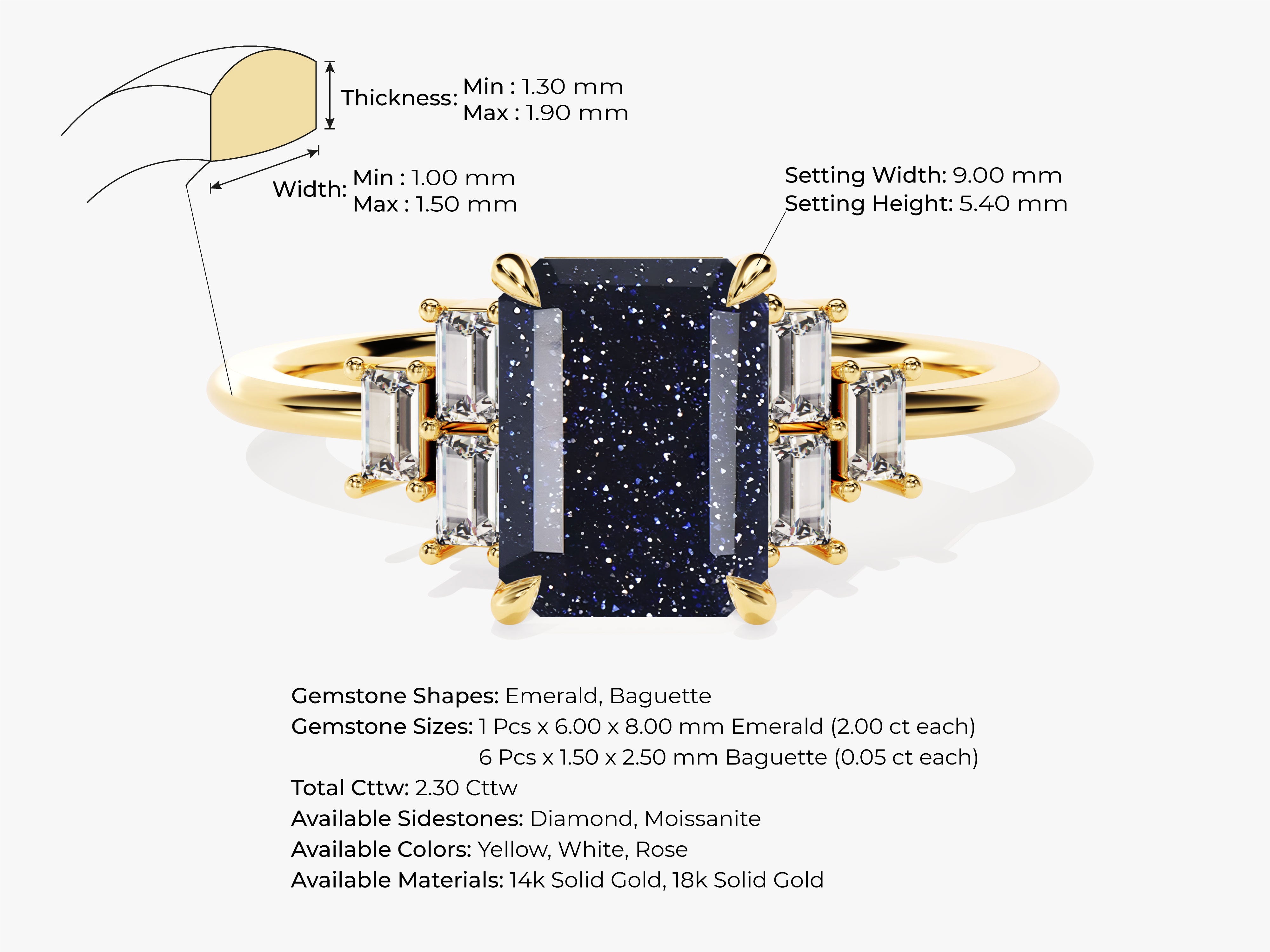 Gold ring with blue speckled gemstone and baguette diamonds
