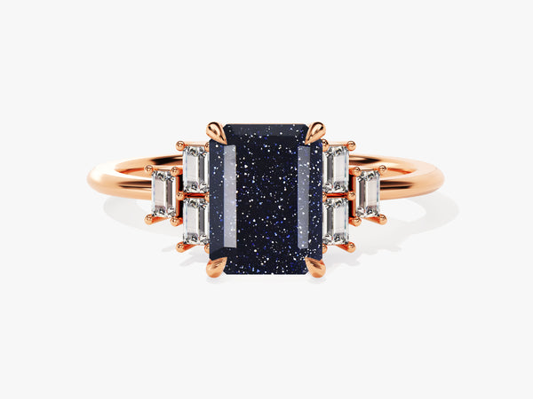 Rose gold ring with emerald cut blue sandstone and baguette diamonds