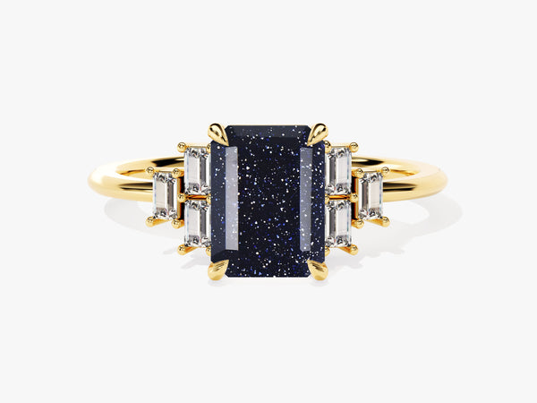 Emerald Cut Blue Sandstone Engagement Ring with Baguette Moissanite Sidestones