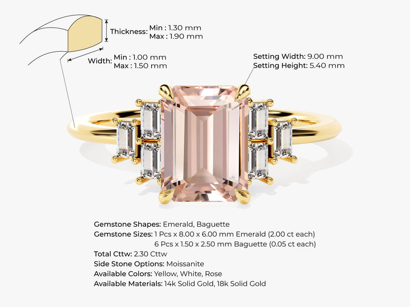 Emerald Cut Peach Morganite Engagement Ring with Baguette Sidestones