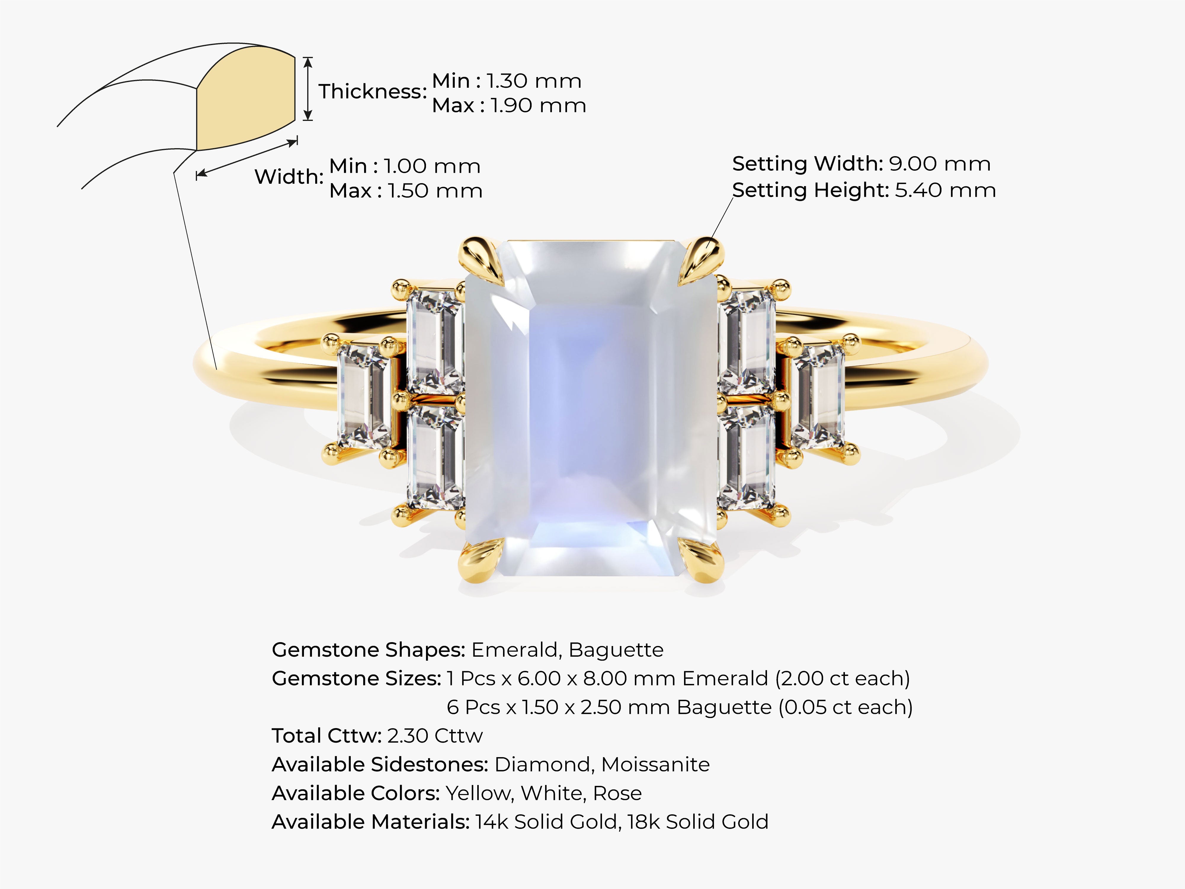 Emerald cut moonstone ring with baguette diamonds in yellow gold