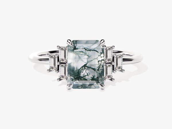 Emerald cut moss agate ring with baguette diamonds