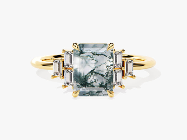 Emerald Cut Moss Agate Engagement Ring with Baguette Moissanite Sidestones