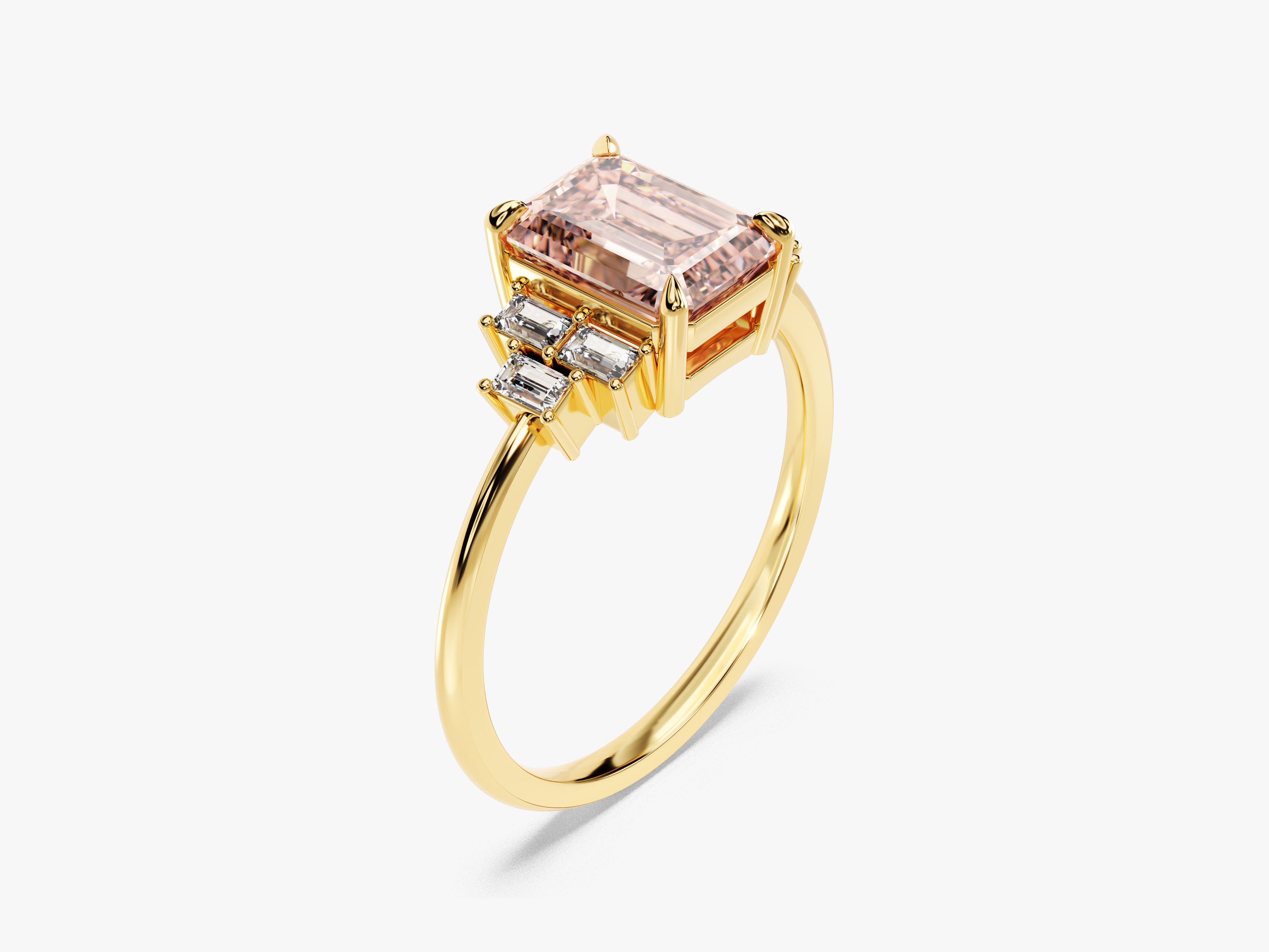 Emerald Cut Peach Morganite Engagement Ring with Baguette Sidestones