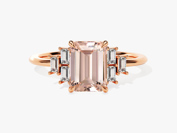 Emerald cut rose gold ring with baguette diamonds