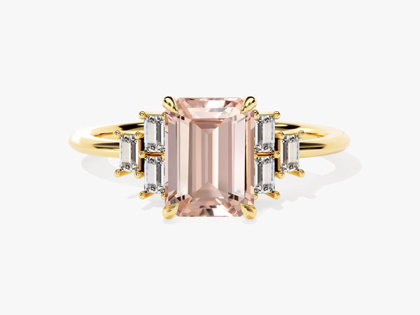 Emerald Cut Peach Morganite Engagement Ring with Baguette Sidestones