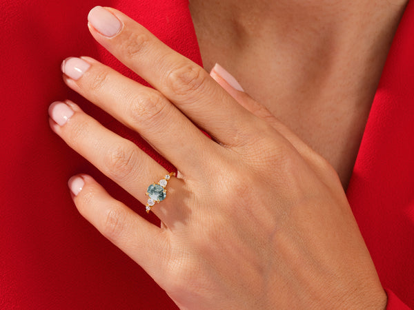 Oval Moss Agate Engagement Ring with Moissanite Sidestones