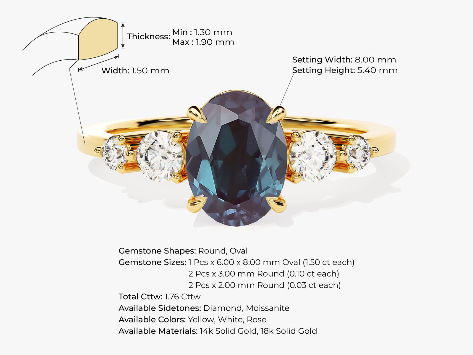 - Base length: 9 in Height: 11.25 in Width: 5.75 in Drop: 2.5 in Drop: 14 in Black Rutilated Quartz Split & Moissanite Ring | Eternate main image 3
