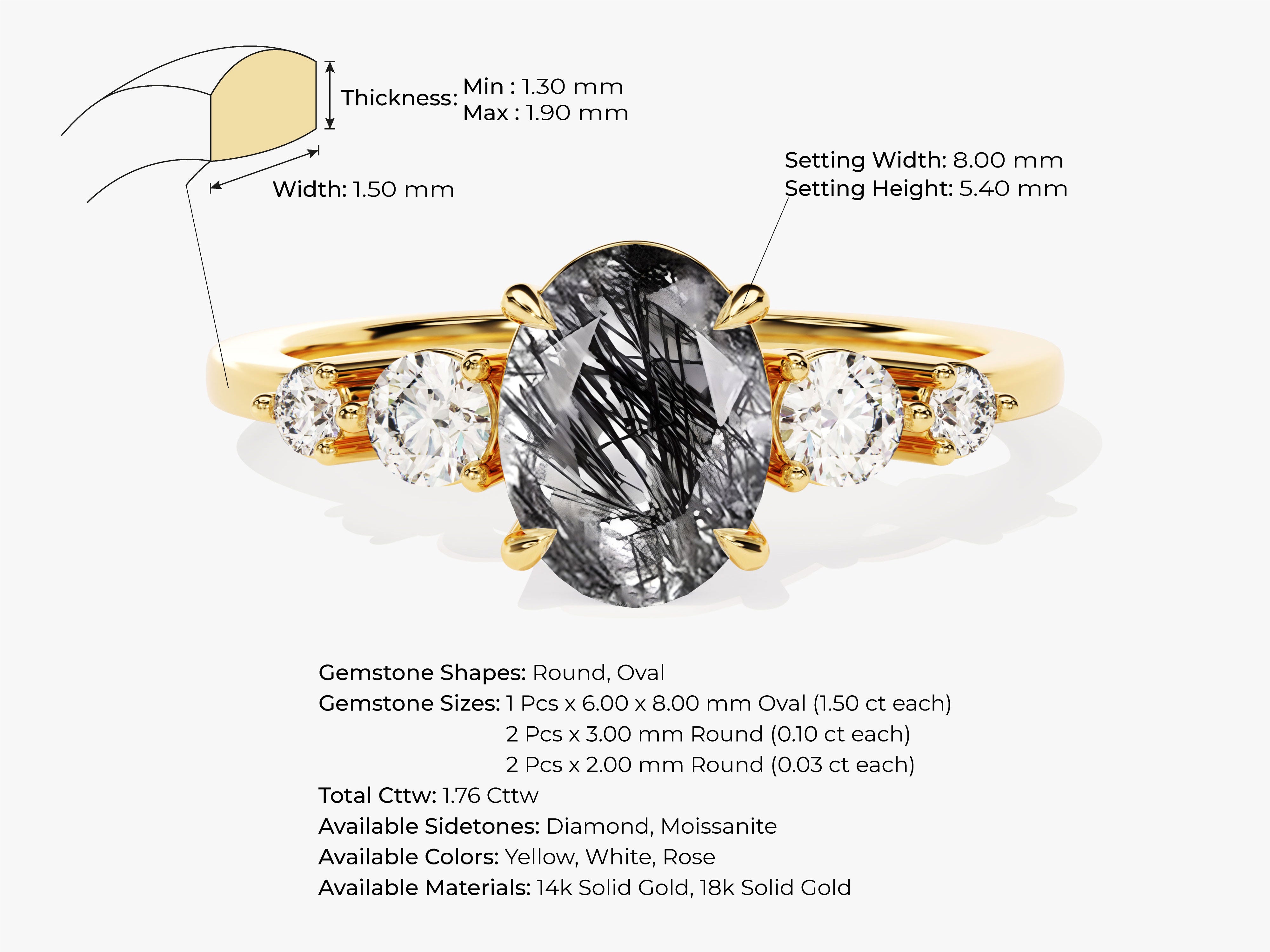 Gold ring with oval rutilated quartz and diamonds