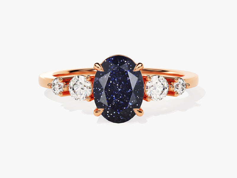 Oval Blue Sandstone Engagement Ring with Moissanite Sidestones