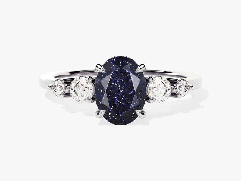 Oval Blue Sandstone Engagement Ring with Moissanite Sidestones