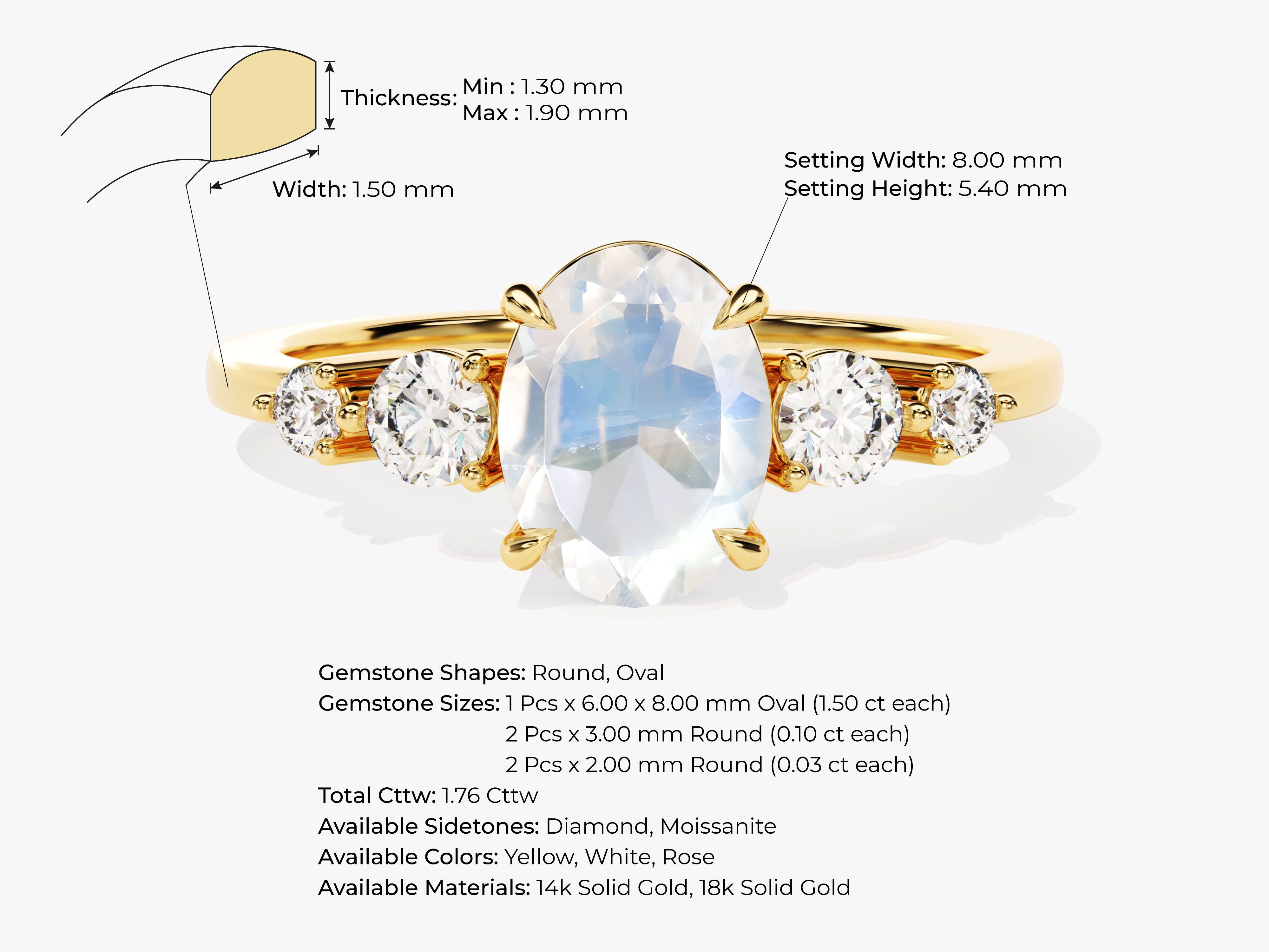 Gold ring with oval moonstone and diamond accents