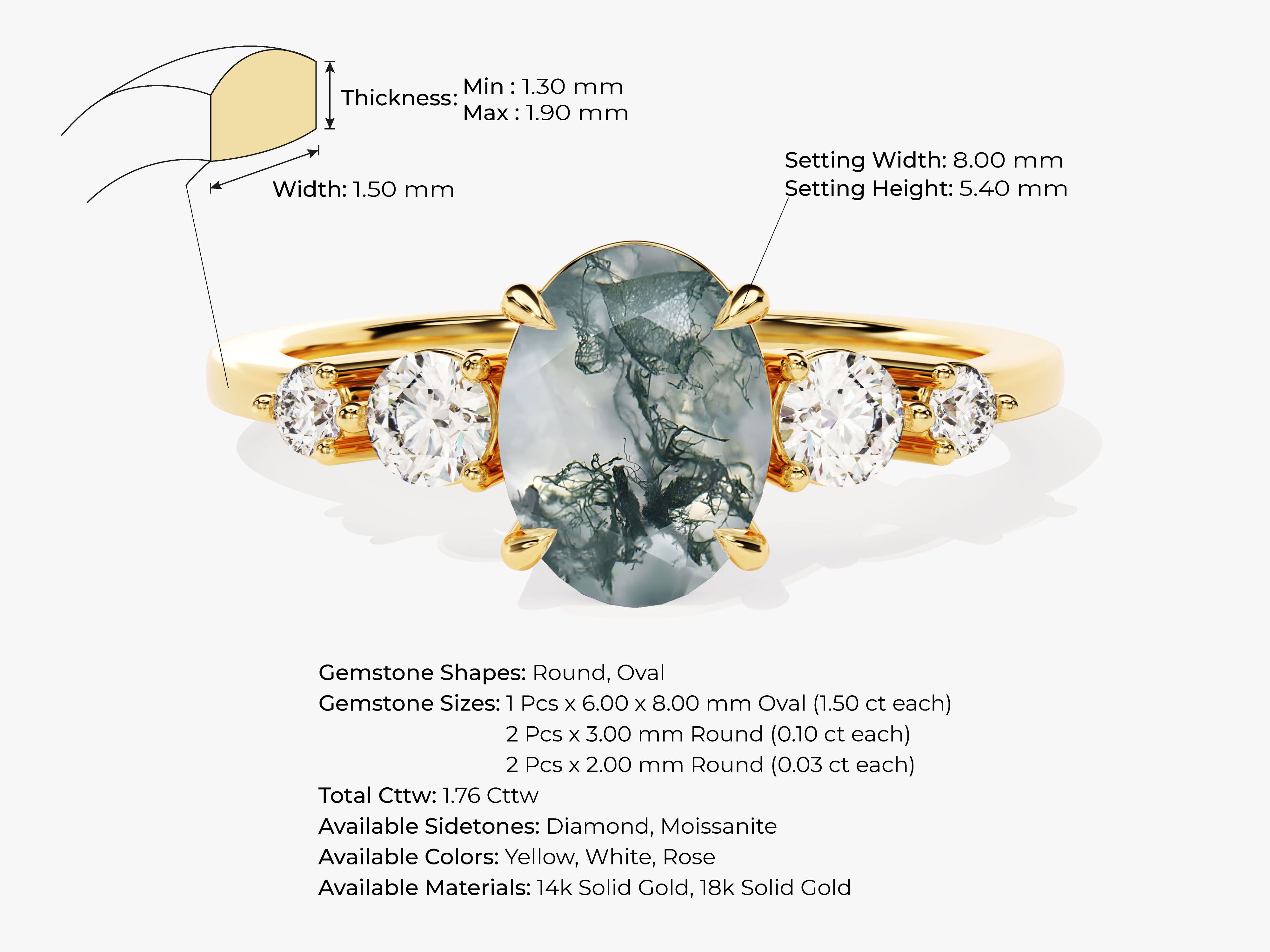 Gold ring with oval moss agate and diamonds, jewelry details