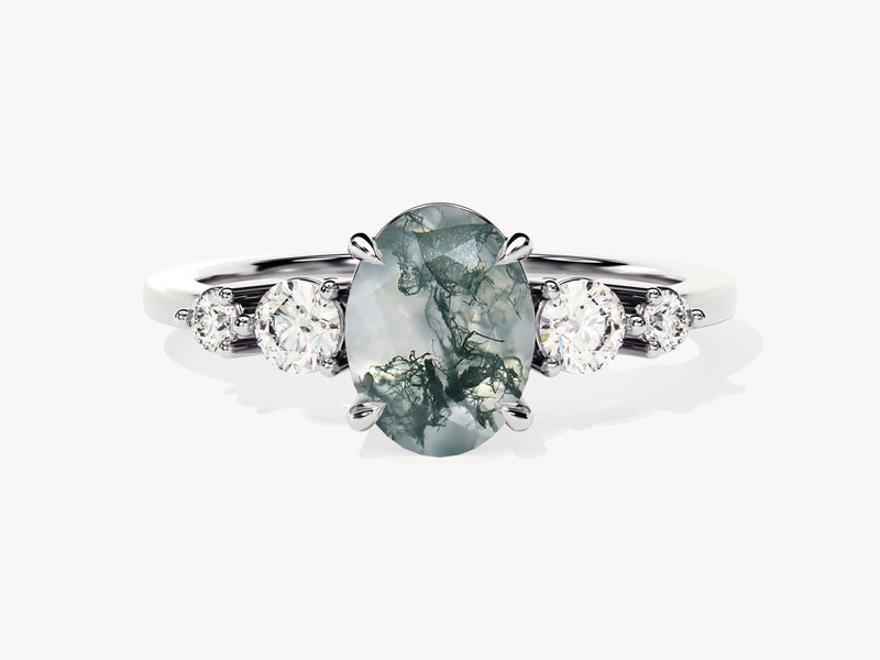 Oval Moss Agate Engagement Ring with Moissanite Sidestones