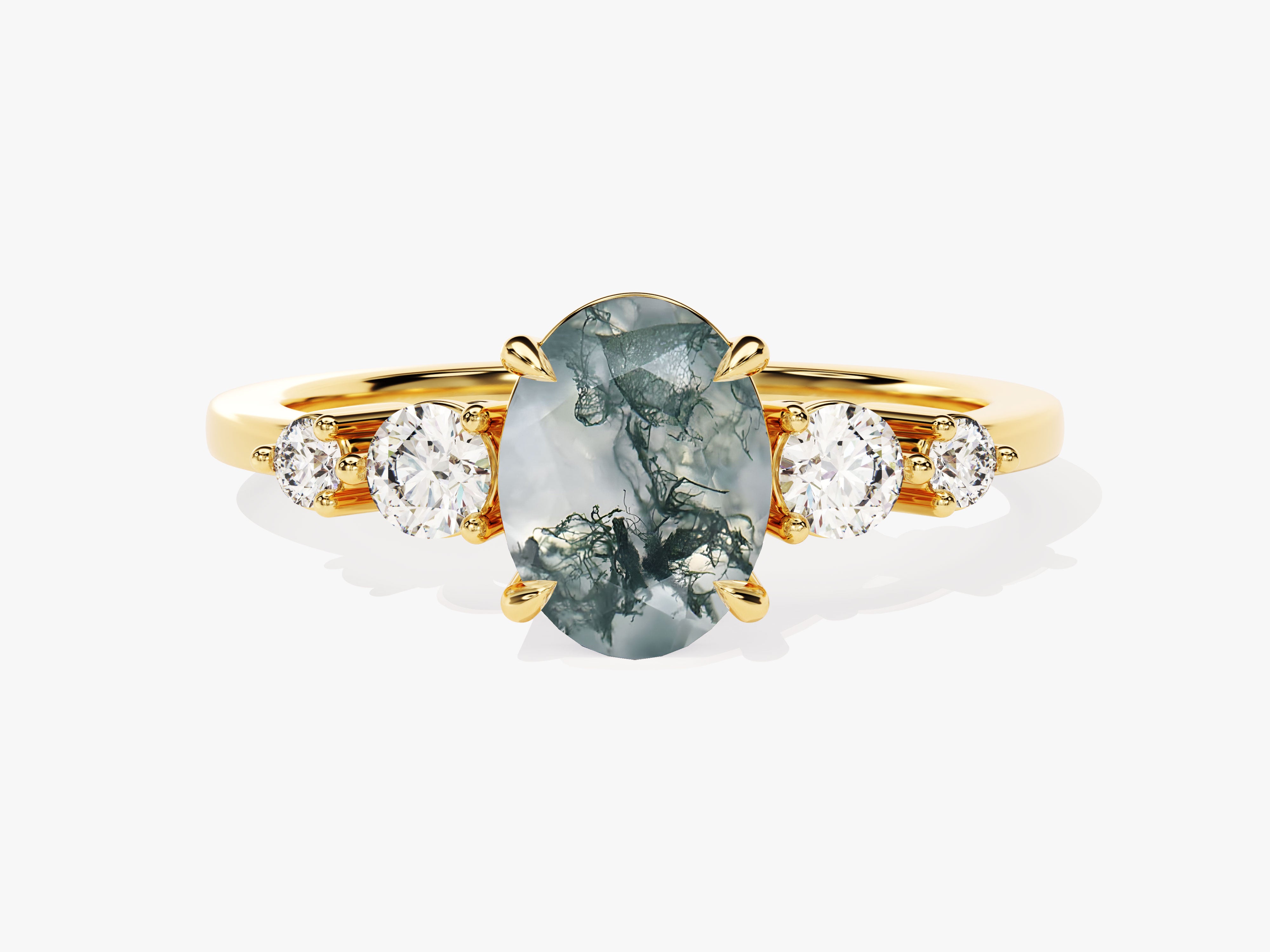Gold ring with oval moss agate and diamonds