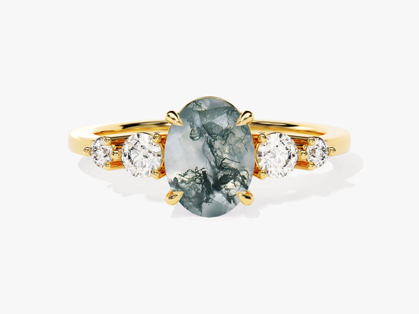 Oval Moss Agate Engagement Ring with Moissanite Sidestones