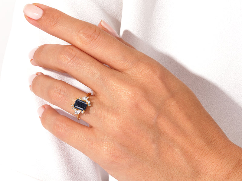Emerald Cut Blue Sandstone Engagement Ring with Marquise and Round Moissanite Sidestones