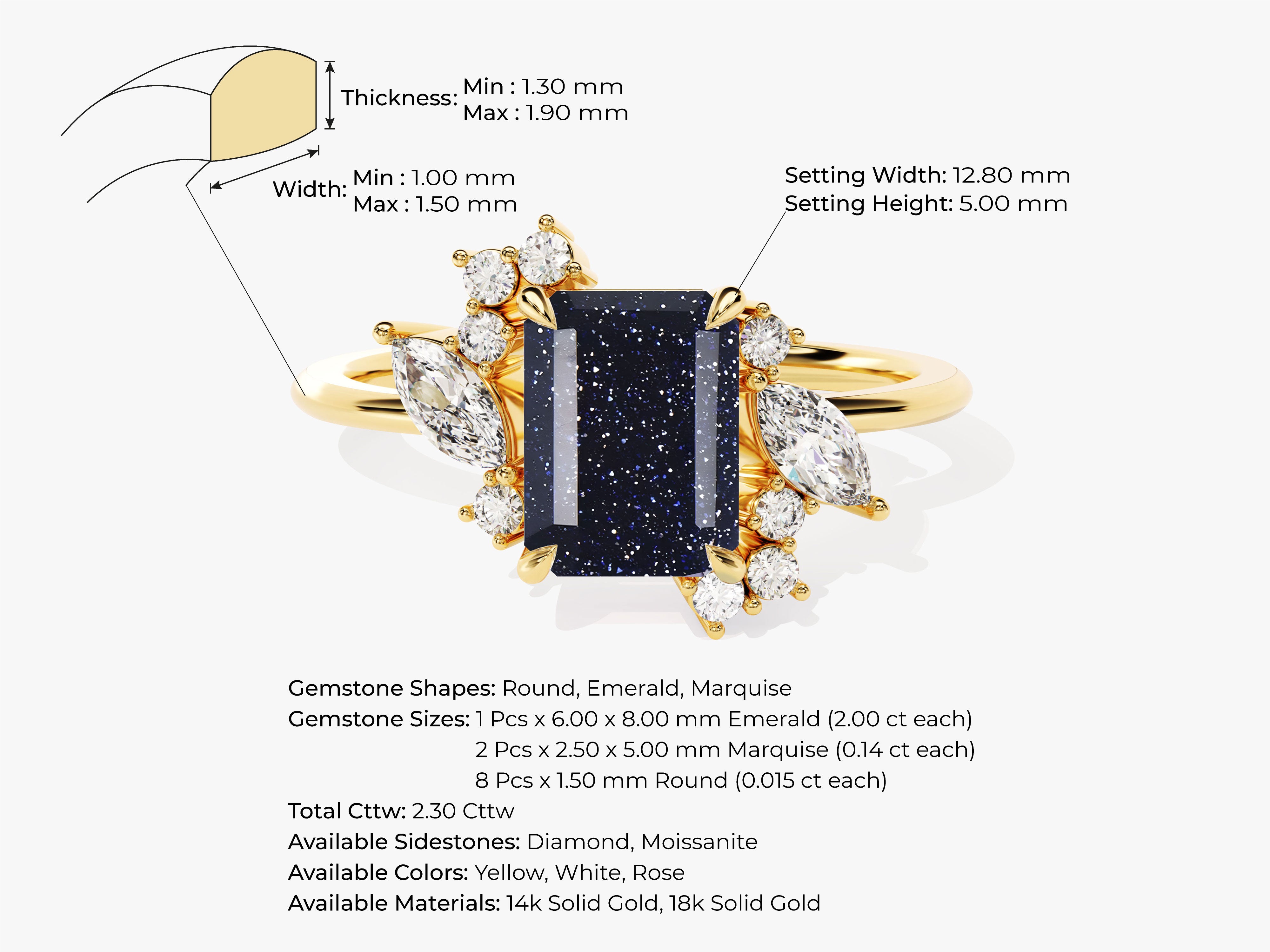 Gold ring with emerald, marquise, and round diamonds