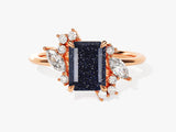 Emerald Cut Blue Sandstone Engagement Ring with Marquise and Round Moissanite Sidestones