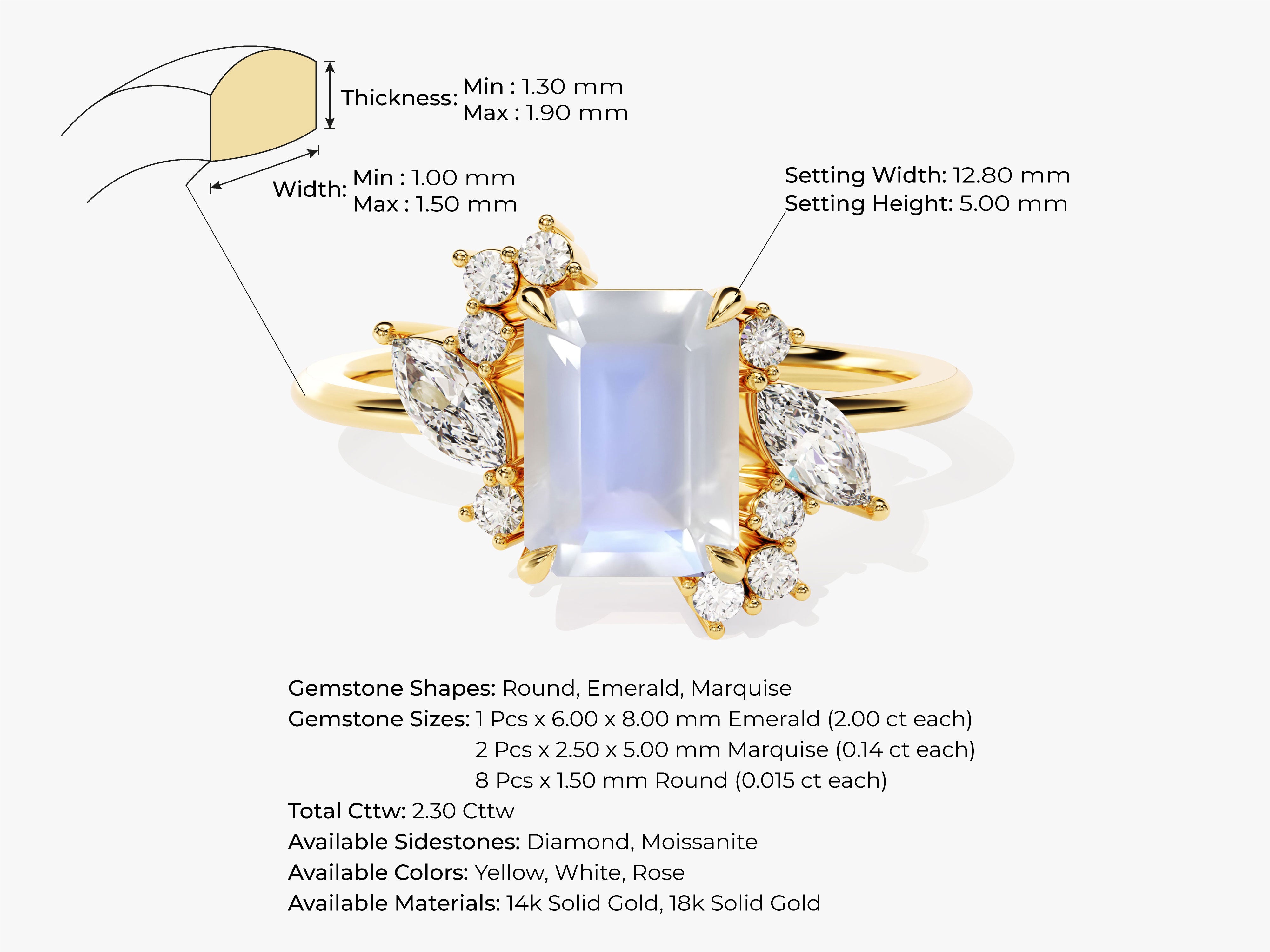 Gold ring with moonstone and diamond accents, jewelry details