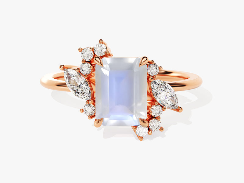 Emerald Cut Moonstone Engagement Ring with Marquise and Round Moissanite Sidestones