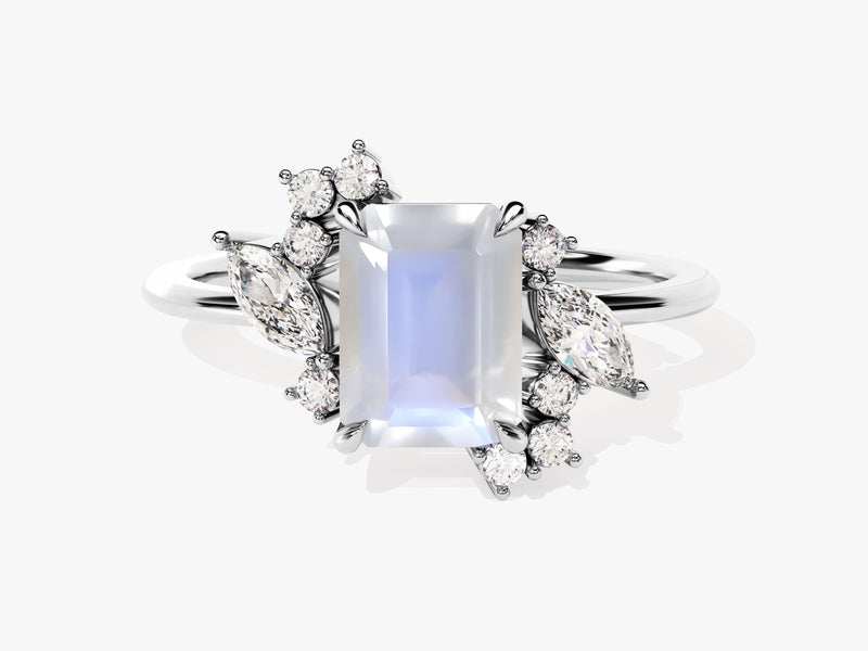 Emerald Cut Moonstone Engagement Ring with Marquise and Round Moissanite Sidestones