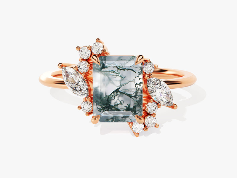 Emerald Cut Moss Agate Engagement Ring with Marquise and Round Moissanite Sidestones
